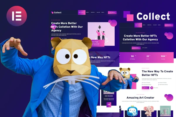 Collect NFT design agency Elementor template kit preview with blue gradient pages