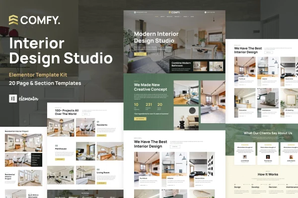 Comfy interior design and architecture Elementor template kit preview