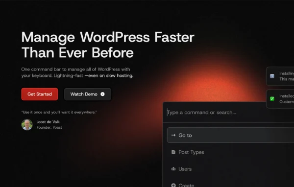 CommandUI plugin banner showing a keyboard command bar in the WordPress dashboard