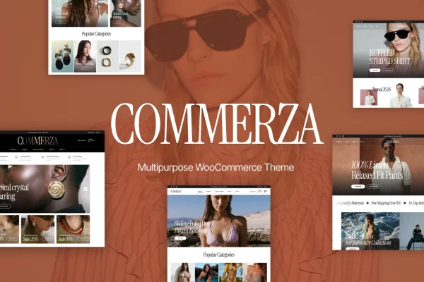 Commerza WooCommerce theme preview showing an online store homepage layout
