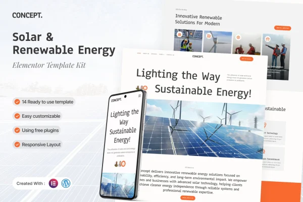 Concept solar and renewable energy Elementor template kit preview
