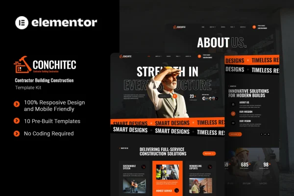 Conchitec Elementor template kit preview for a construction contractor website