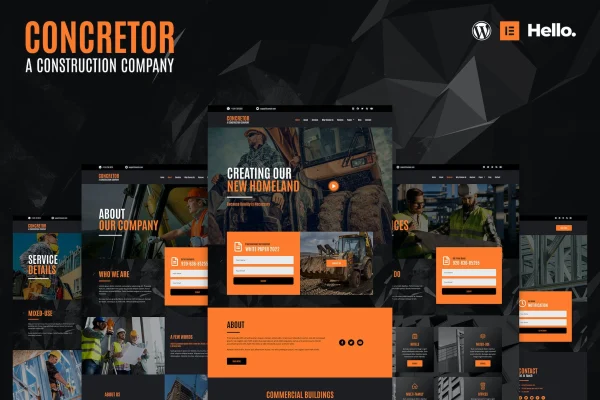 Concretor real estate and construction Elementor template kit preview with dark page designs