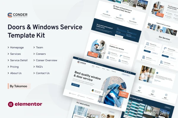 Conder doors and windows service Elementor template kit page previews