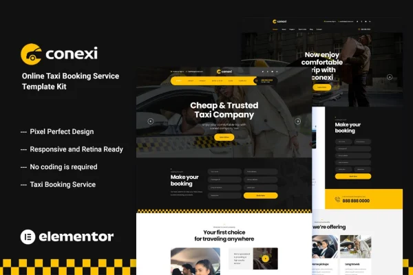 Conexi taxi booking service Elementor template kit preview