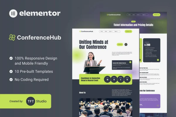 ConferenceHub Elementor template kit preview showing event website pages