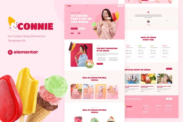 Connie ice cream shop Elementor template kit page previews
