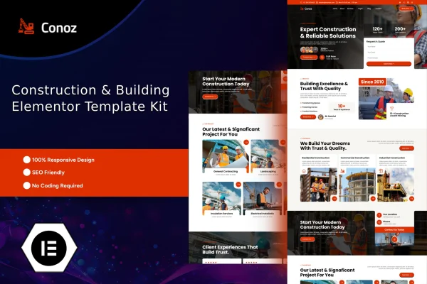 Conoz construction and building Elementor template kit preview