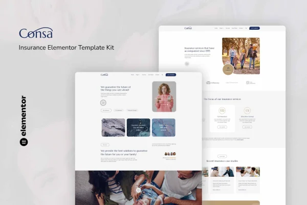 Consa insurance Elementor template kit cover showing website page layouts