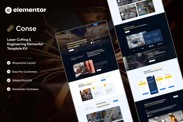 Conse industrial and laser cutting Elementor template kit preview