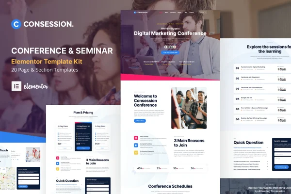Consession conference and seminar Elementor template kit preview