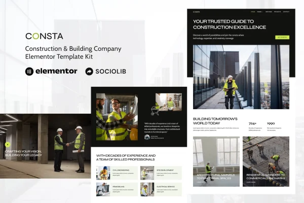 Consta construction and building company Elementor template kit preview