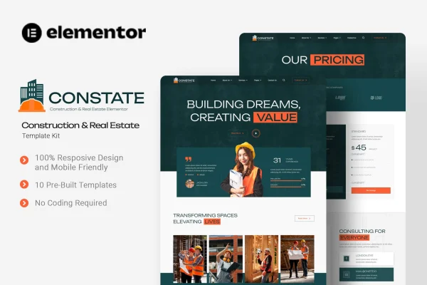 Constate construction and real estate Elementor template kit preview