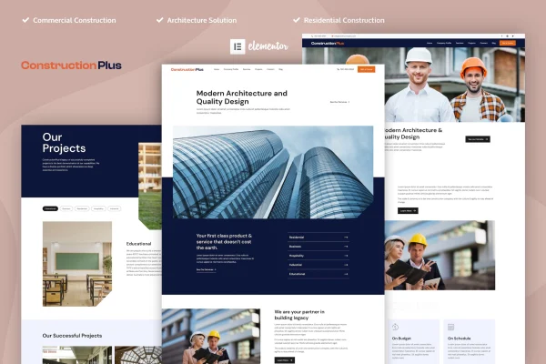 Construction Plus Elementor template kit cover showing construction website page layouts