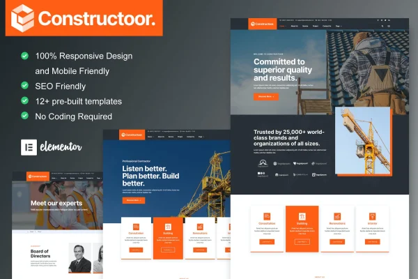 Constructoor construction and building Elementor template kit preview