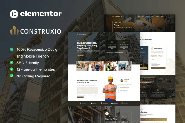 Construxio construction and building company Elementor Pro template kit cover