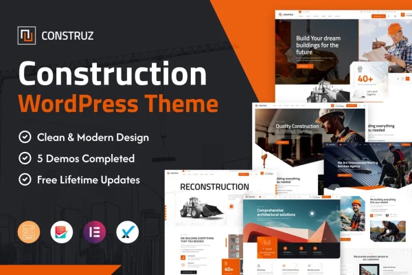 Construz construction WordPress theme preview showing a builder company homepage