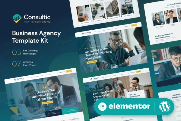 Consultic business agency Elementor template kit page previews