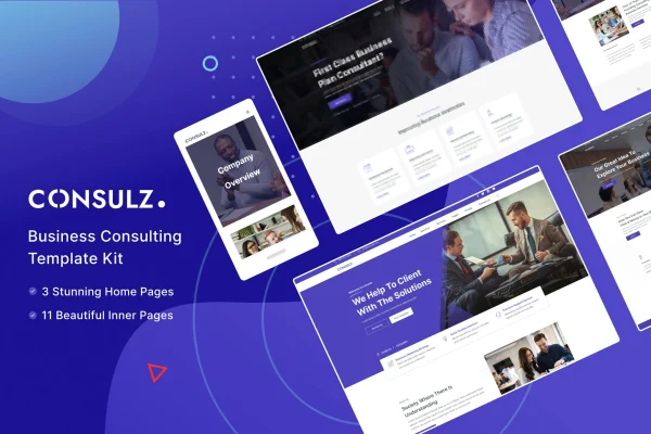 Consulz consulting company Elementor template kit cover showing page layouts