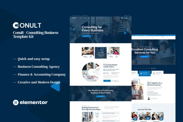 Conult consulting business Elementor template kit preview showing homepage layouts