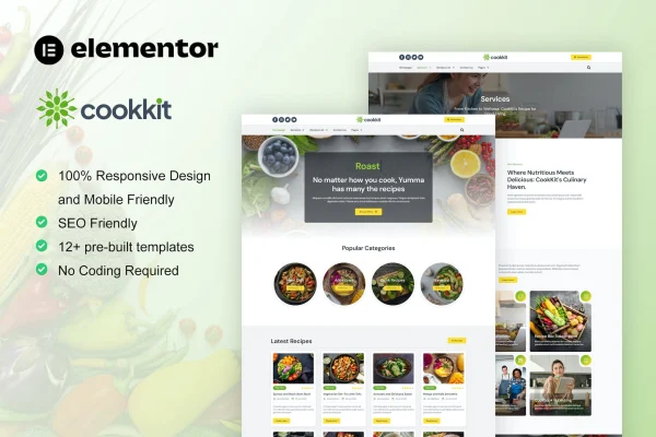 Cookkit food recipe and nutrition Elementor Pro template kit preview
