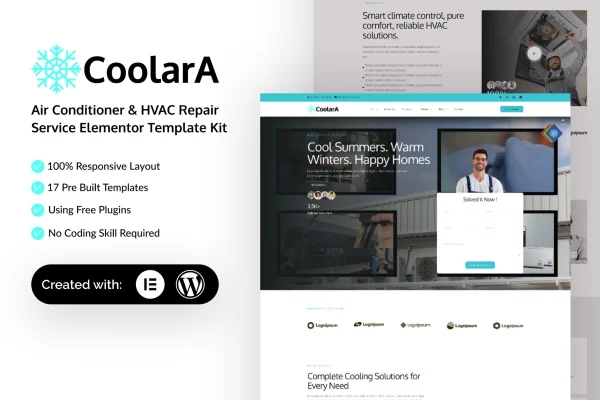 Coolara HVAC and air conditioner repair Elementor template kit preview
