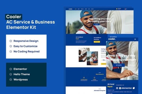Cooler AC service Elementor template kit preview showing HVAC business website pages