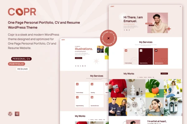 Copr one page WordPress theme preview showing a personal portfolio layout