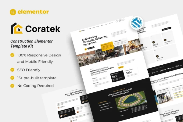 Coratek construction Elementor template kit preview showing website page layouts