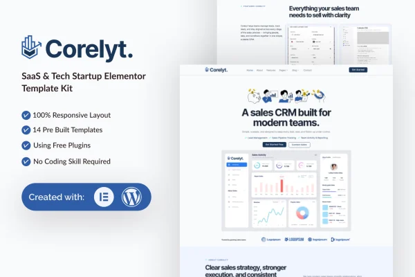 Corelyt SaaS and tech startup Elementor template kit cover image