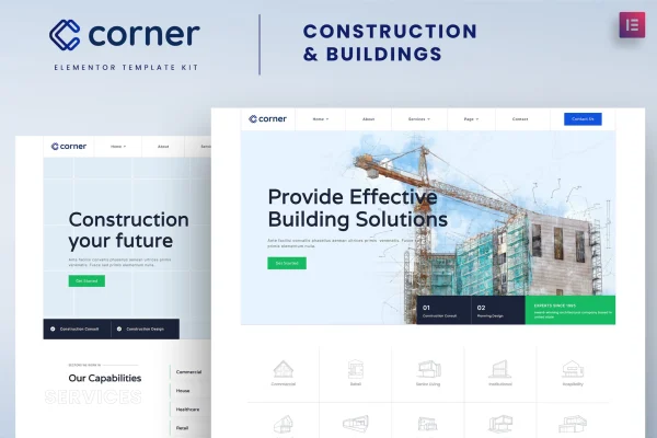 Corner construction and building Elementor template kit preview