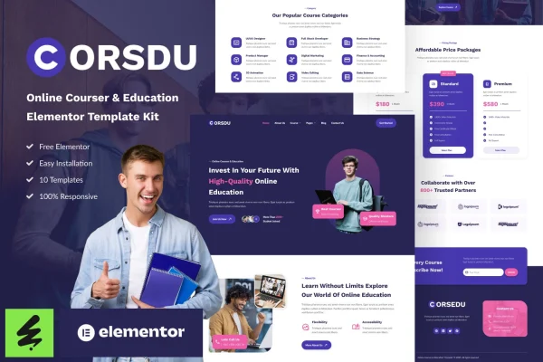 Corsdu online courses and education Elementor template kit preview