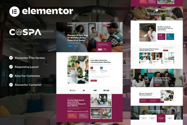 Cospa coworking space and virtual office Elementor template kit preview