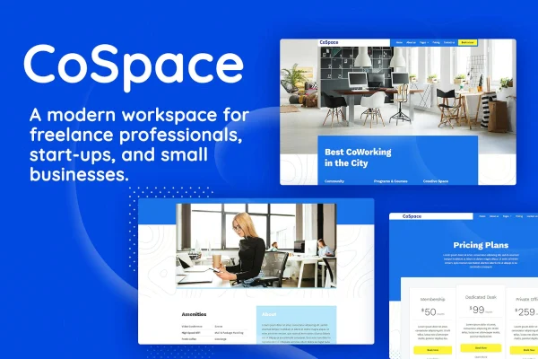 CoSpace Coworking Elementor template kit preview showing a modern coworking website layout
