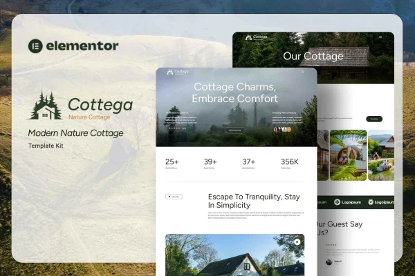 Cottega Elementor template kit cover showing a modern nature cottage website design