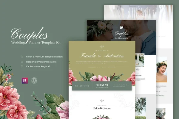 Couples wedding planner Elementor template kit cover showing wedding website page layouts