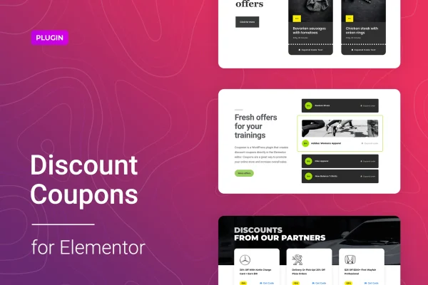 Couponer for Elementor plugin banner showing discount coupon designs
