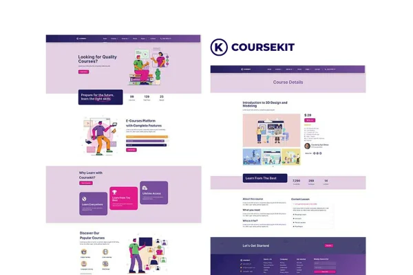 CourseKit e-learning Elementor template kit cover with course page layouts