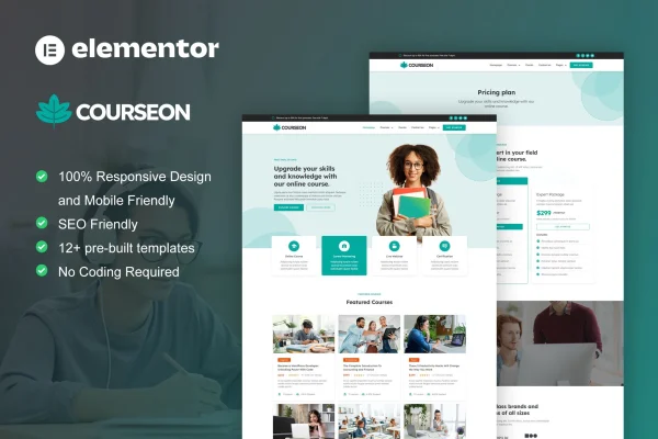 CourseOn Elementor template kit preview for online course and education websites
