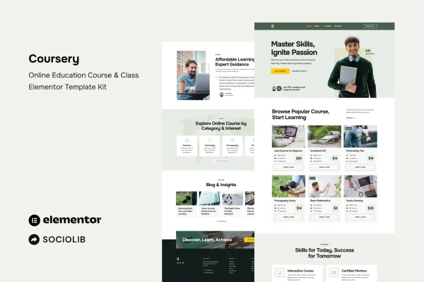 Coursery Elementor template kit preview showing online course website pages