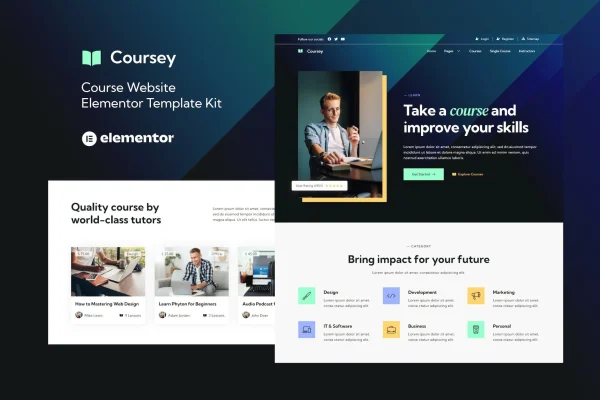 Coursey online courses Elementor template kit preview with course and instructor pages