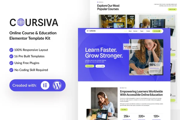 Coursiva online course and education Elementor template kit preview