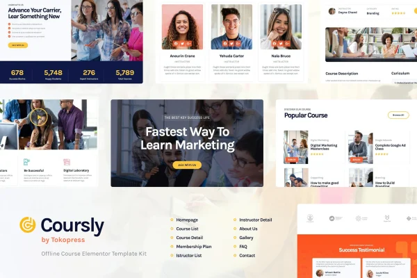 Coursly education and offline course Elementor template kit preview