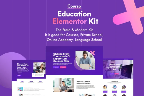 Courso online university and courses Elementor template kit preview