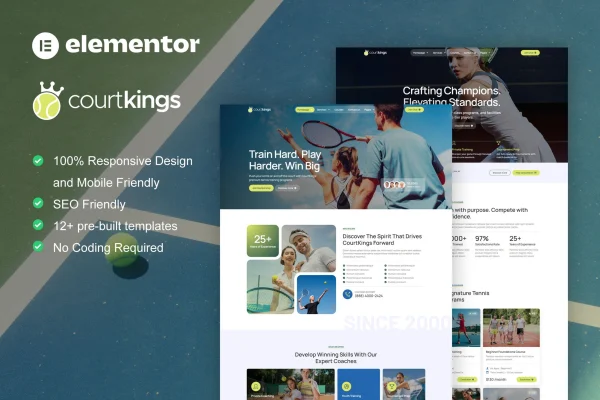 CourtKings tennis school and sport club Elementor template kit preview