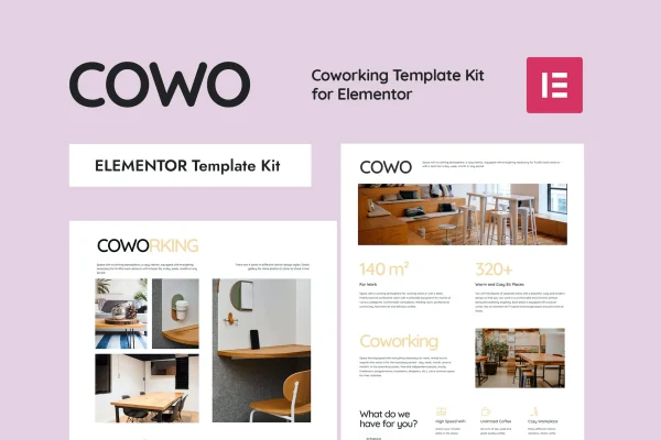 COWO coworking Elementor template kit cover showing website page layouts