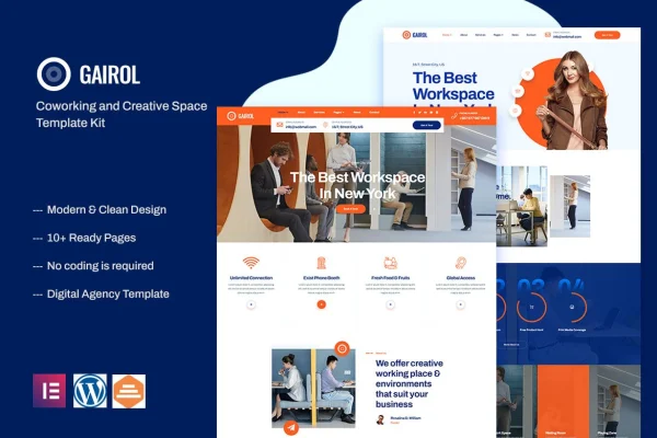 Coworking & Creative Space Elementor Template Kit page layouts preview