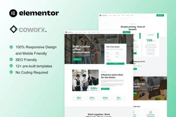 Coworx coworking space and virtual office Elementor template kit preview