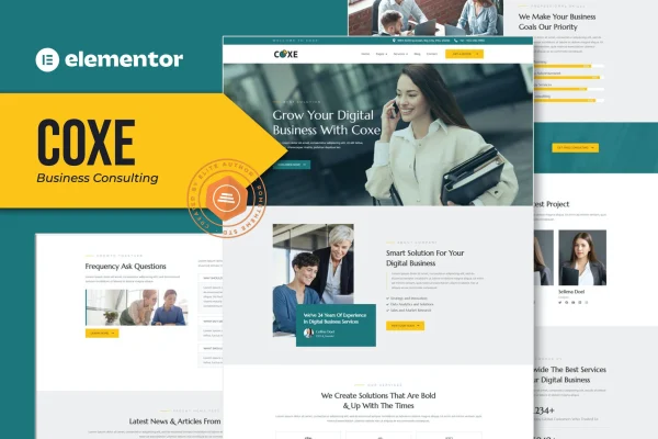 Coxe business consulting Elementor template kit preview showing page layouts