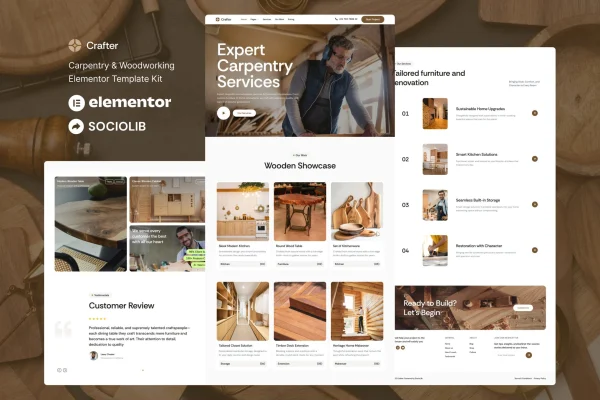 Crafter carpentry and woodworking Elementor template kit preview